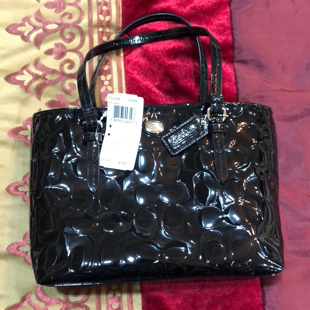 Black Patent Leather Top Handle Mini Tote.
